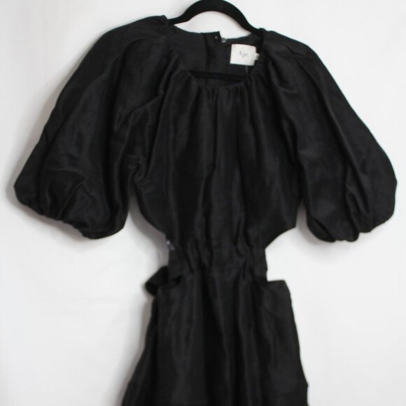 Aje Psychedelia Puff Sleeve Cut Out Mini Dress Tie Back Black Size Medium/8 - Picture 4 of 16